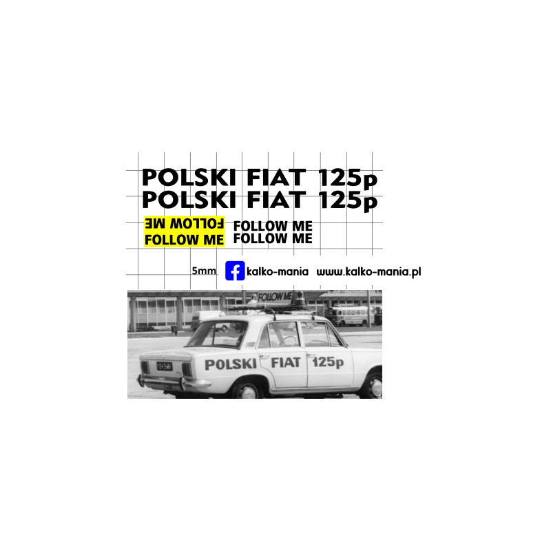 fiat 125p follom me lot lotniskowy kalkomania 1:43